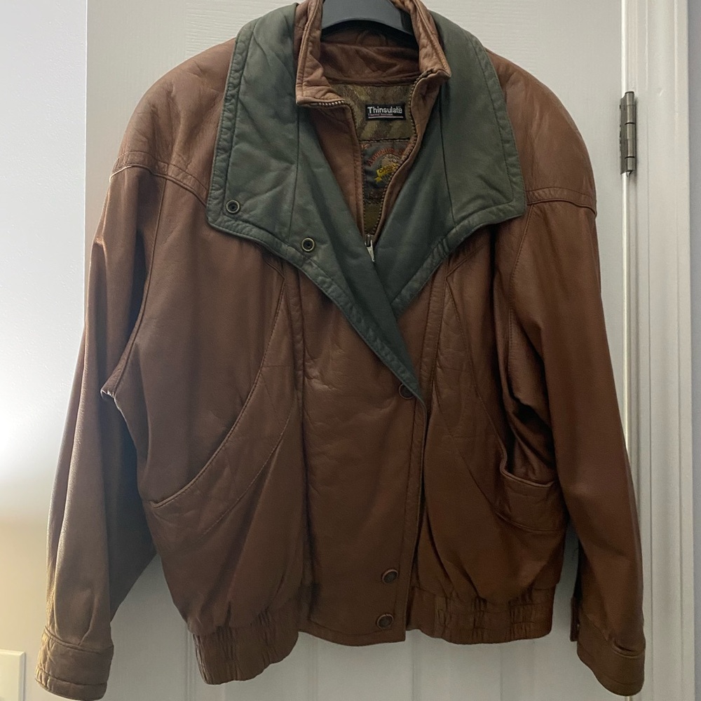 3M Thinsulate Leather Bomber Jacket with Green Accents
